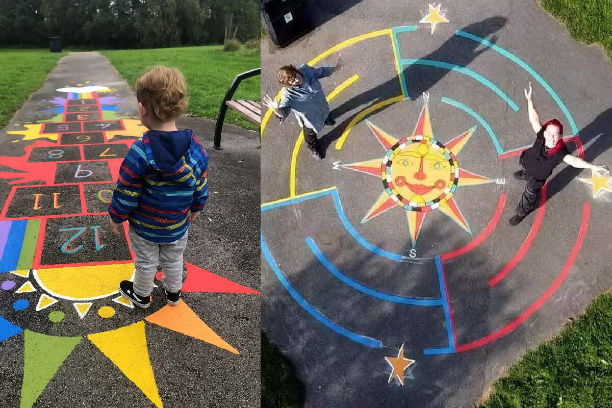 Pavement art installations at Lime Street Park, Ellesmere Port commissioned by Cheshire West and Chester Council to encourage he